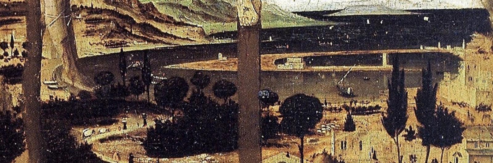 Il porto falcato, il Monastero del S. Salvatore dei Greci e le Isole Eolie nello sfondo della Crocifissione di Bucarest