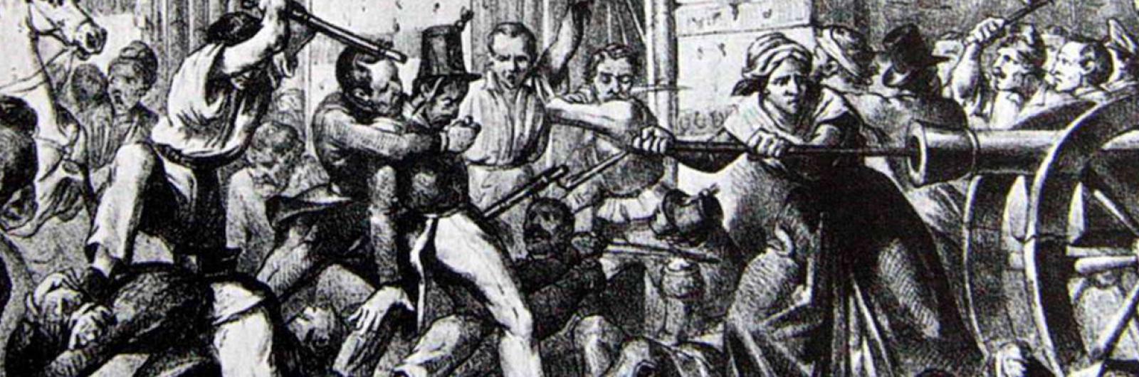 Rosa Donato carica il cannone in piazza del Duomo a Messina, litografia (sec.XIX)