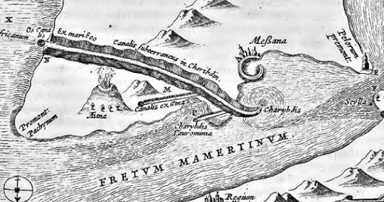 Lo Stretto di Messina con l’Etna ed un ipotetico canale causa dei gorghi tra Scilla e Cariddi, da Athanasius Kircher, Mundus subterraneus (